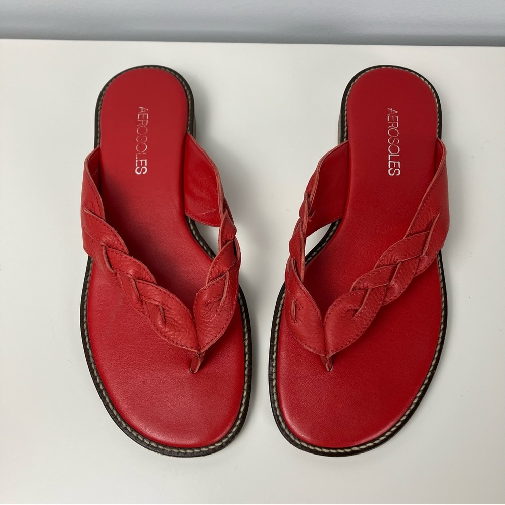 Aerosoles Red Leather Braided Thong Sandals Womens 7.5 Slip On Casual